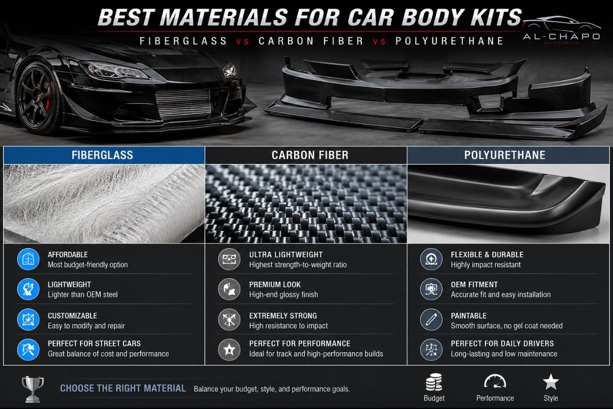 Best Materials for Car Body Kits: Fiberglass vs Carbon Fiber vs Polyurethane